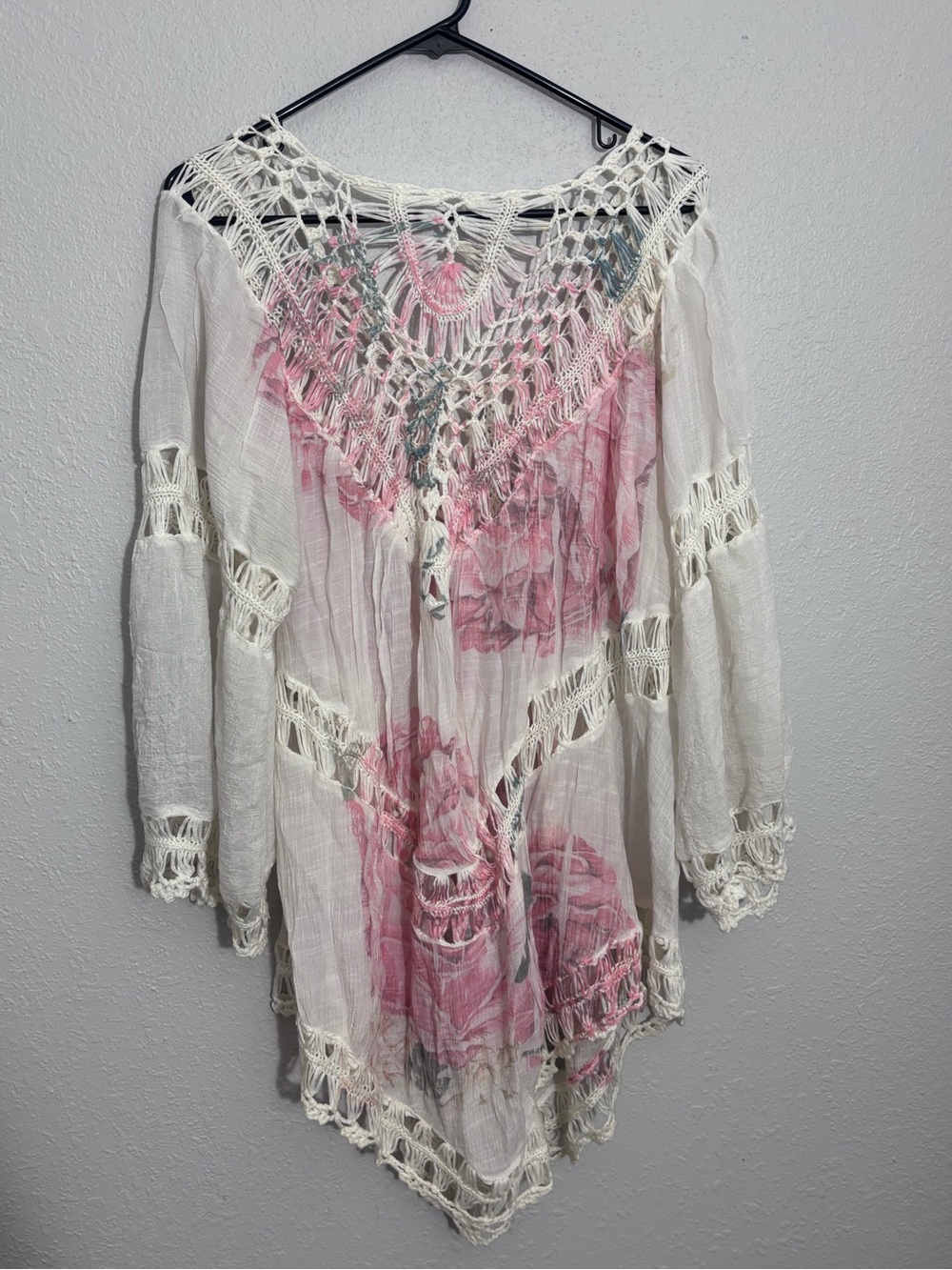 White Crochet-Trim Swim Coverup with Pink Rose Print - Picture 3 of 3
